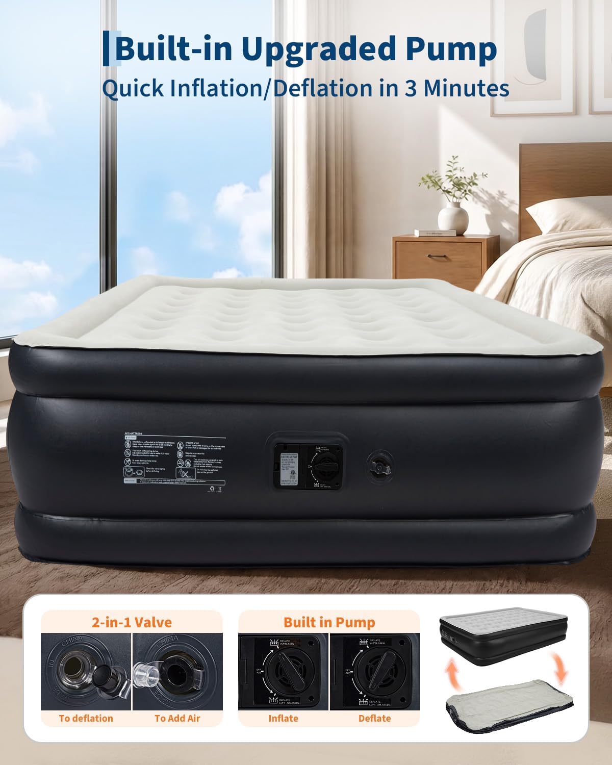 Garvee 20" Raised Air Mattress with Built-in Electric Pump, Self-Inflating in 3–4 Minutes, Flocked Top & Honeycomb Support, Portable Inflatable Guest Bed for Home/Travel, 800 lb, Queen, PVC Navy Blue + Gray