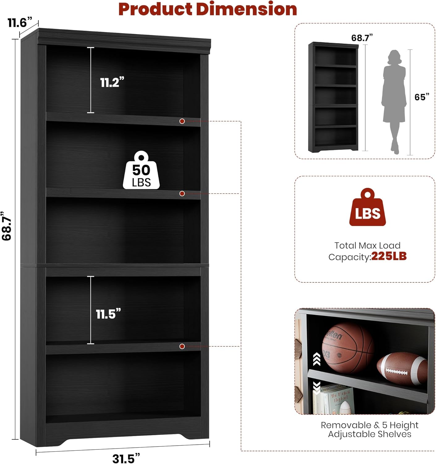 Garvee 5 Tier Bookshelf, 69" Tall Farmhouse Bookcase with Adjustable Shelves, 31.5" W Floor Standing Open Display Storage Rack with Anti-Slip Design for Home Office, Balcony, Library, Study / Living Room, Black