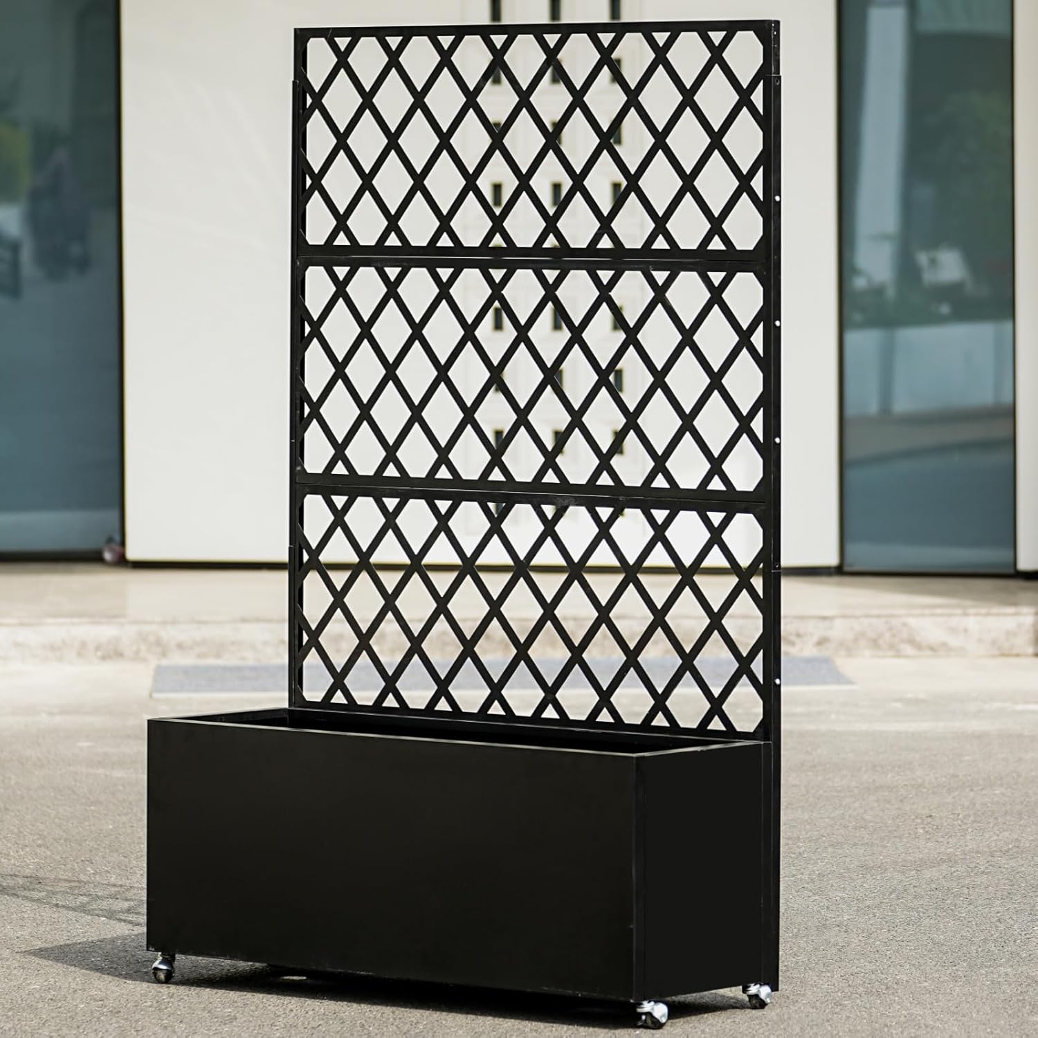 Garvee Mobile Black Galvanized Steel Raised Garden Bed with Trellis & Privacy Screen – Planter Box with Lockable Casters & Drainage Holes for Vegetables & Vines, Patio Deck or Yard – 71"X35"X16"