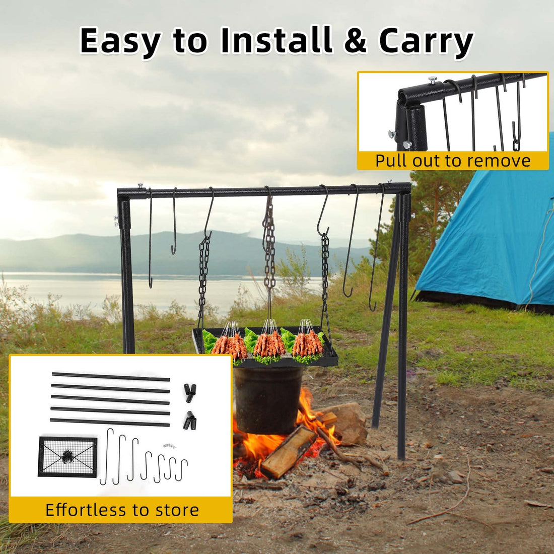 GARVEE Campfire Swing Grill Campfire Cooking Stand Adjustable Cookware Hanging Rack with Lifter & Hooks