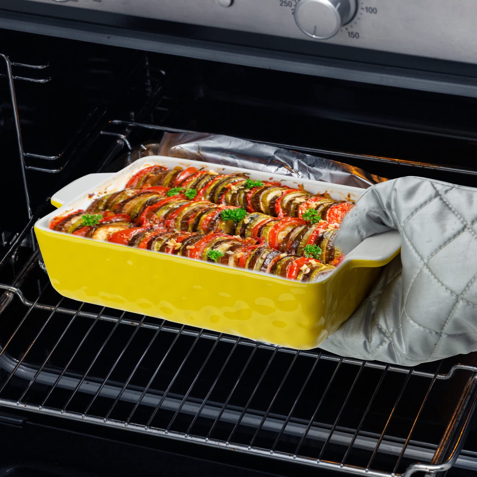 Garvee Ceramic Baking Dish Set of 3, Rectangular Casserole Dish for Oven with Handles, Deep Lasagna Baking Pans for Cooking, Kitchen, Cake Dinner, Banquet, Daily Use, Yellow