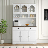 Garvee Kitchen Pantry Cabinet with Open Storage Shelves, 71" Tall, Farmhouse Freestanding Hutch, Frosted Glass, Black Handles