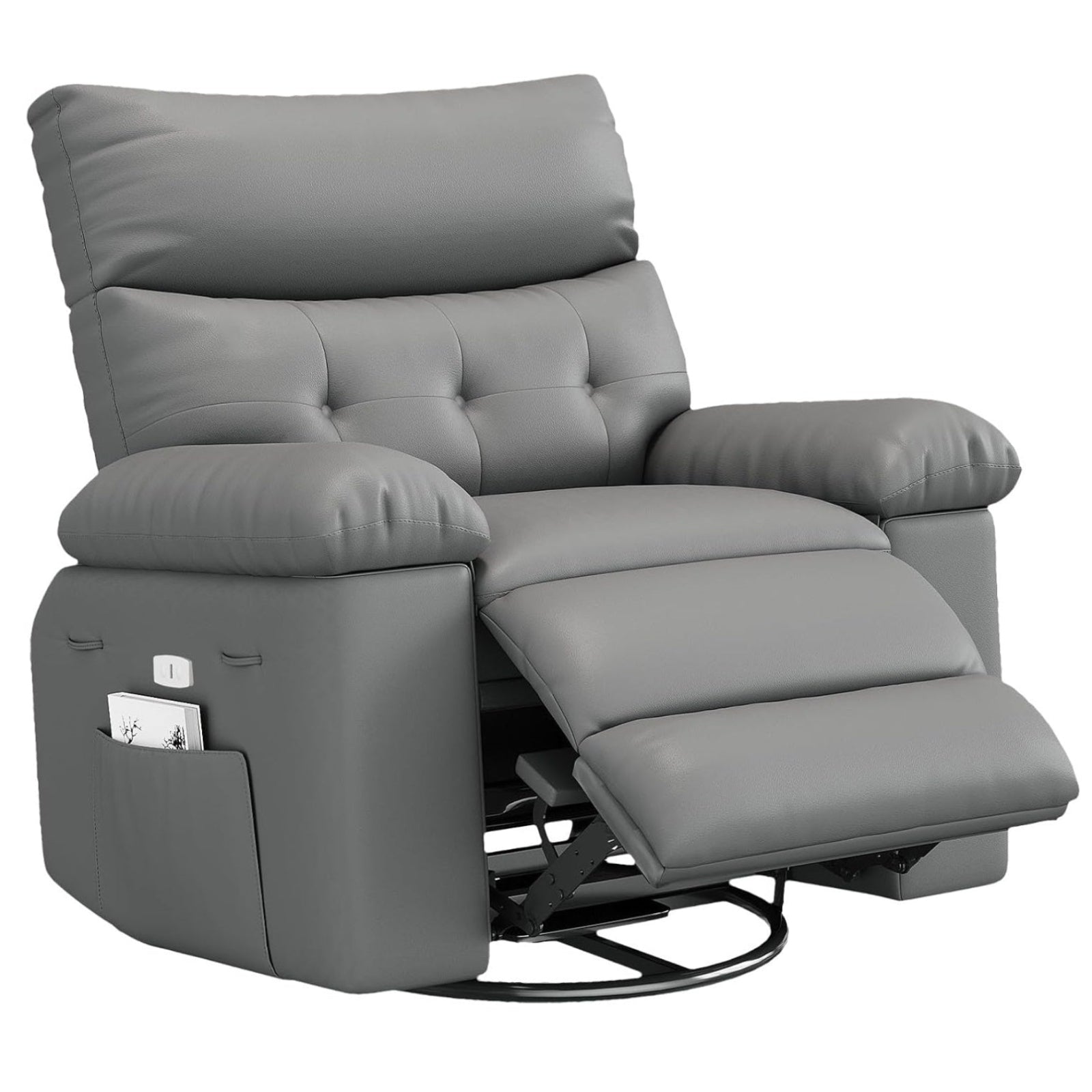 Garvee Oversized Manual Recliner, Breathable Leather Pushback Recliner Chair, Single Lazy Sofa Chair with Two Cup Holders and Side Pocket, Living Room Recliner, Gray