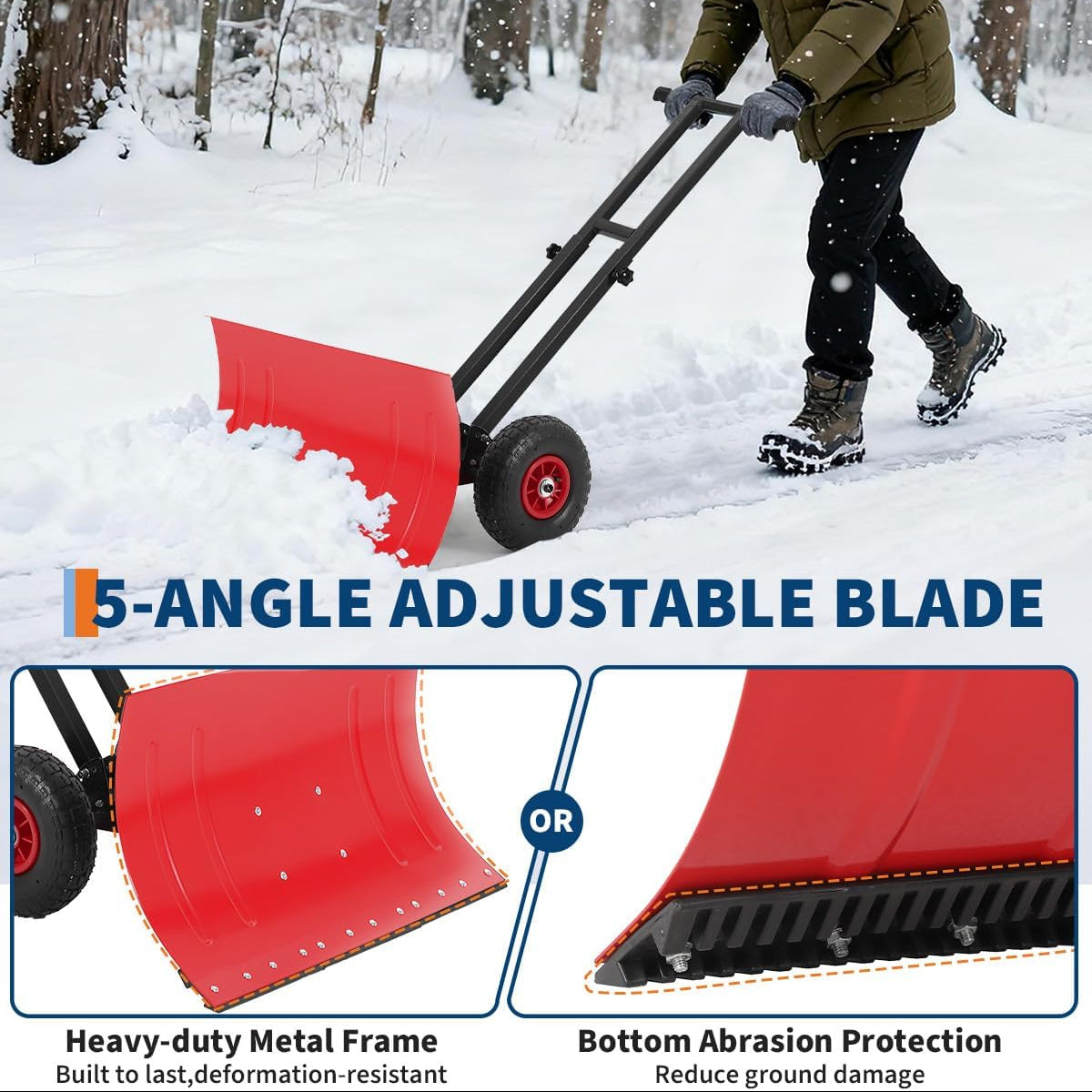 Garvee Wheeled Snow Shovel 29x16.5 Double-Rod Metal Pusher 5-Angle Adjustable T-Handle Rubber Wheels for Driveways Sidewalks