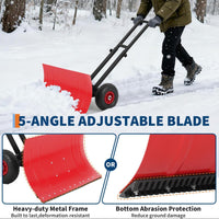 Garvee Wheeled Snow Shovel 29x16.5 Double-Rod Metal Pusher 5-Angle Adjustable T-Handle Rubber Wheels for Driveways Sidewalks