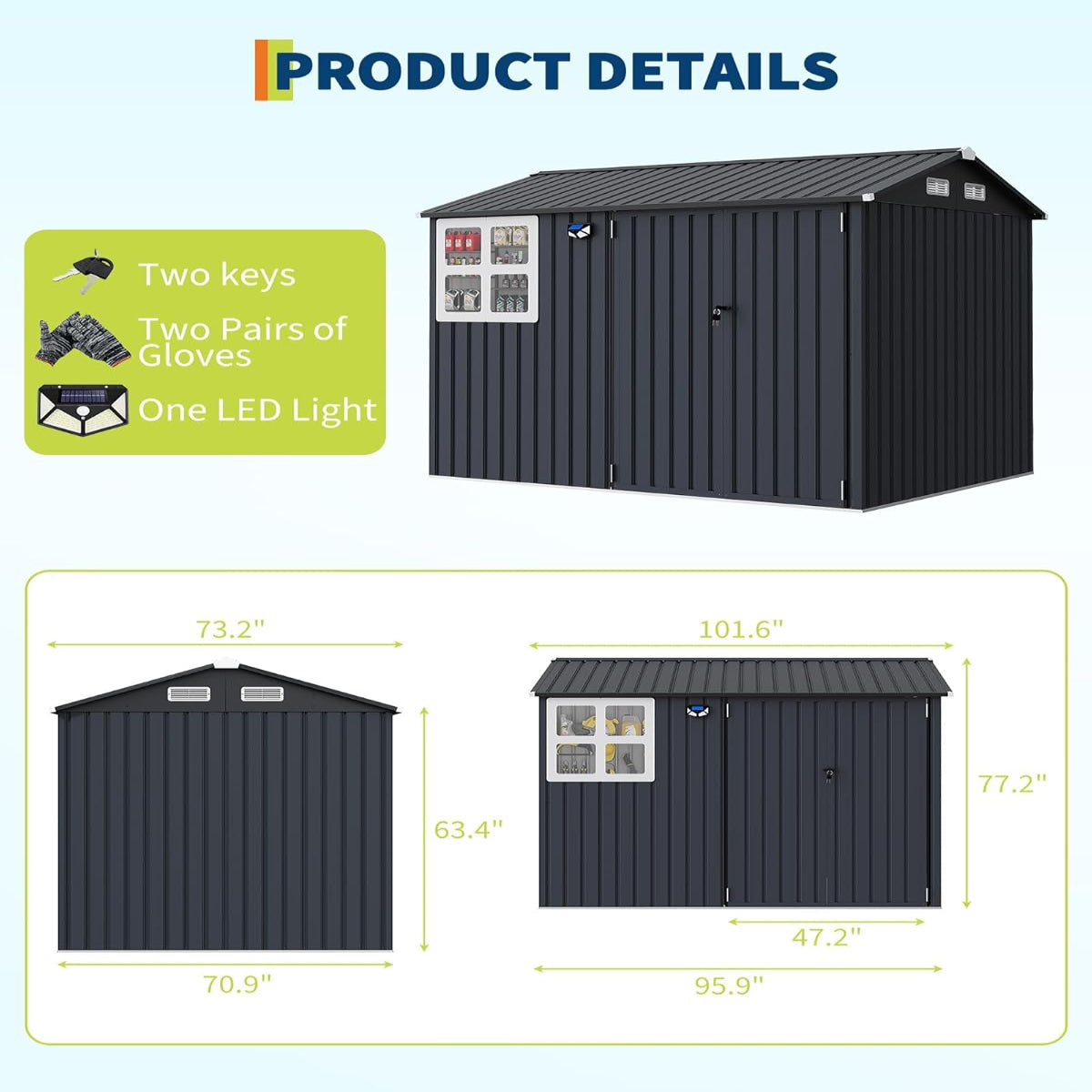 Garvee 6' x 8' Outdoor Storage Shed Metal Building with Lockable Doors & Windows Galvanized Steel Weatherproof Ventilated for Garden Backyard