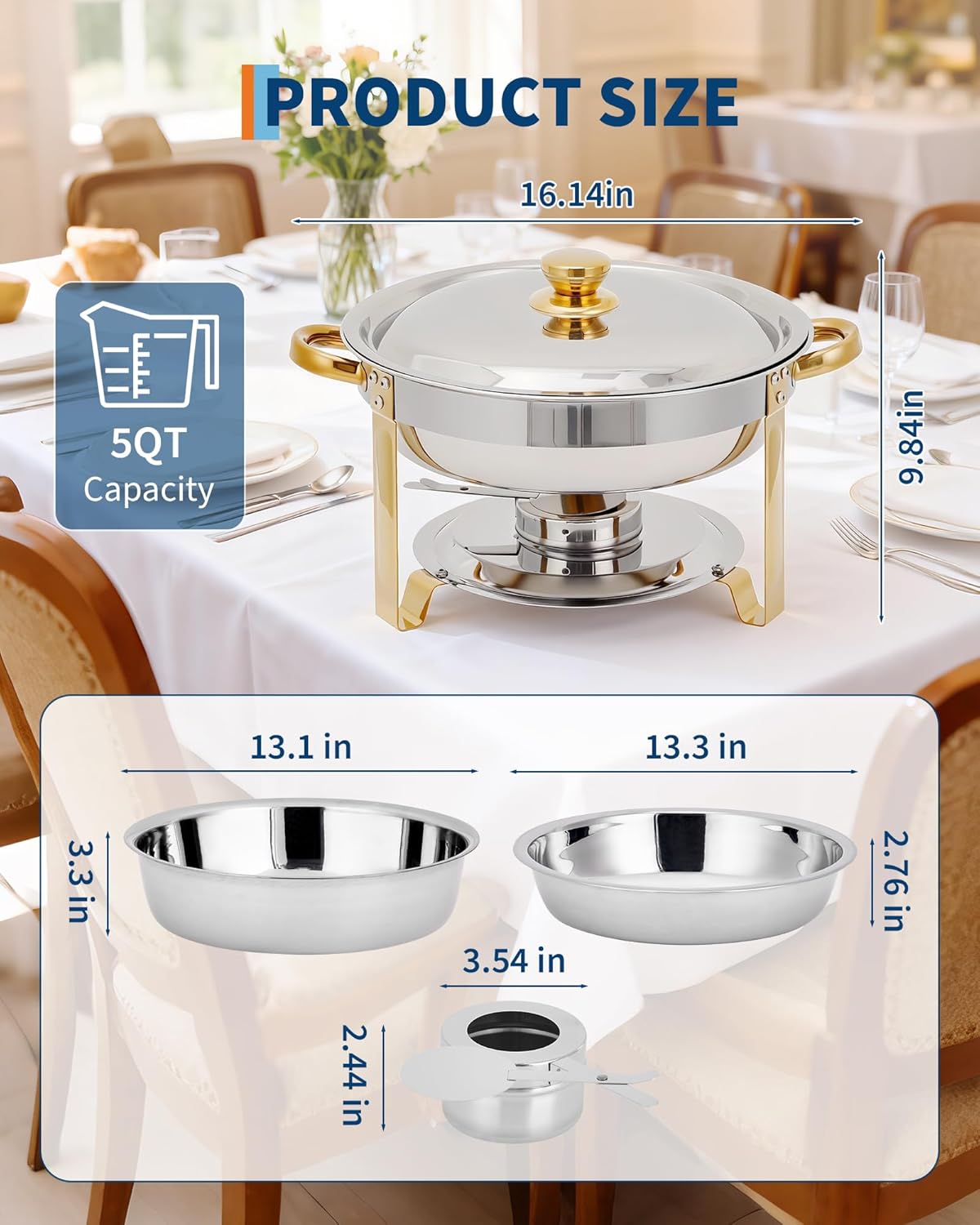 Garvee 2 Pack Chafing Dishes for Buffet, 5 QT Round Buffet Servers and Food Warmer Set with Lid, Stainless Steel Chafers for Catering Parties Wedding Banquet, Gold