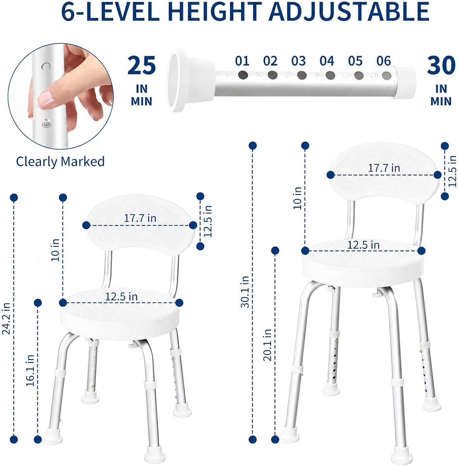 Garvee 360° Swivel Shower Chair with Backrest, Non-Slip Bathtub Chair, Height Adjustable Bath Seat for Elderly, Seniors and Disabled, Compact Shower Bench for Inside Tub or Shower, White