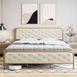 Garvee Full Size Bed Frame with Elegant Button Tufted Curved Headboard, Velvet Upholstered Platform Bed Frame, Golden Heavy Duty Mattress Foundation, Noise Free, No Box Spring Needed, Gold-Beige - Gold + Off White