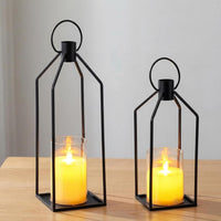 Garvee 2 Pack Black Metal Candle Lanterns with Glass Hurricane, 12 and 15 Inch Tall Hanging Lantern Candle Holders for Outdoor Indoor Decor, Rustic Table Centerpiece for Wedding Farmhouse Fireplace