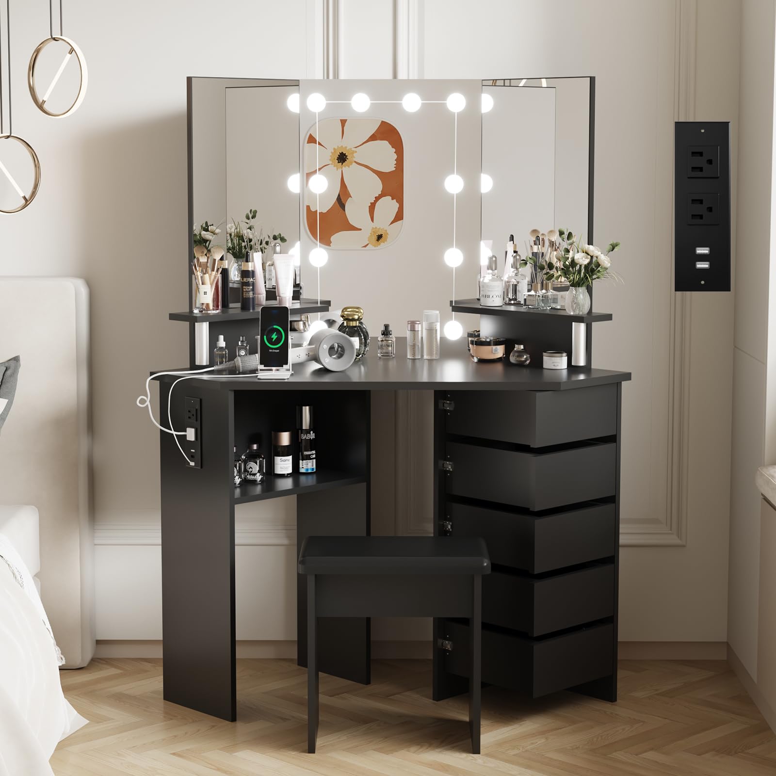 corner dressing table black Modern 360 Rotatable Vanity Desk with 3 Drawers, White Corner Vanity - On  Sale - Overstock