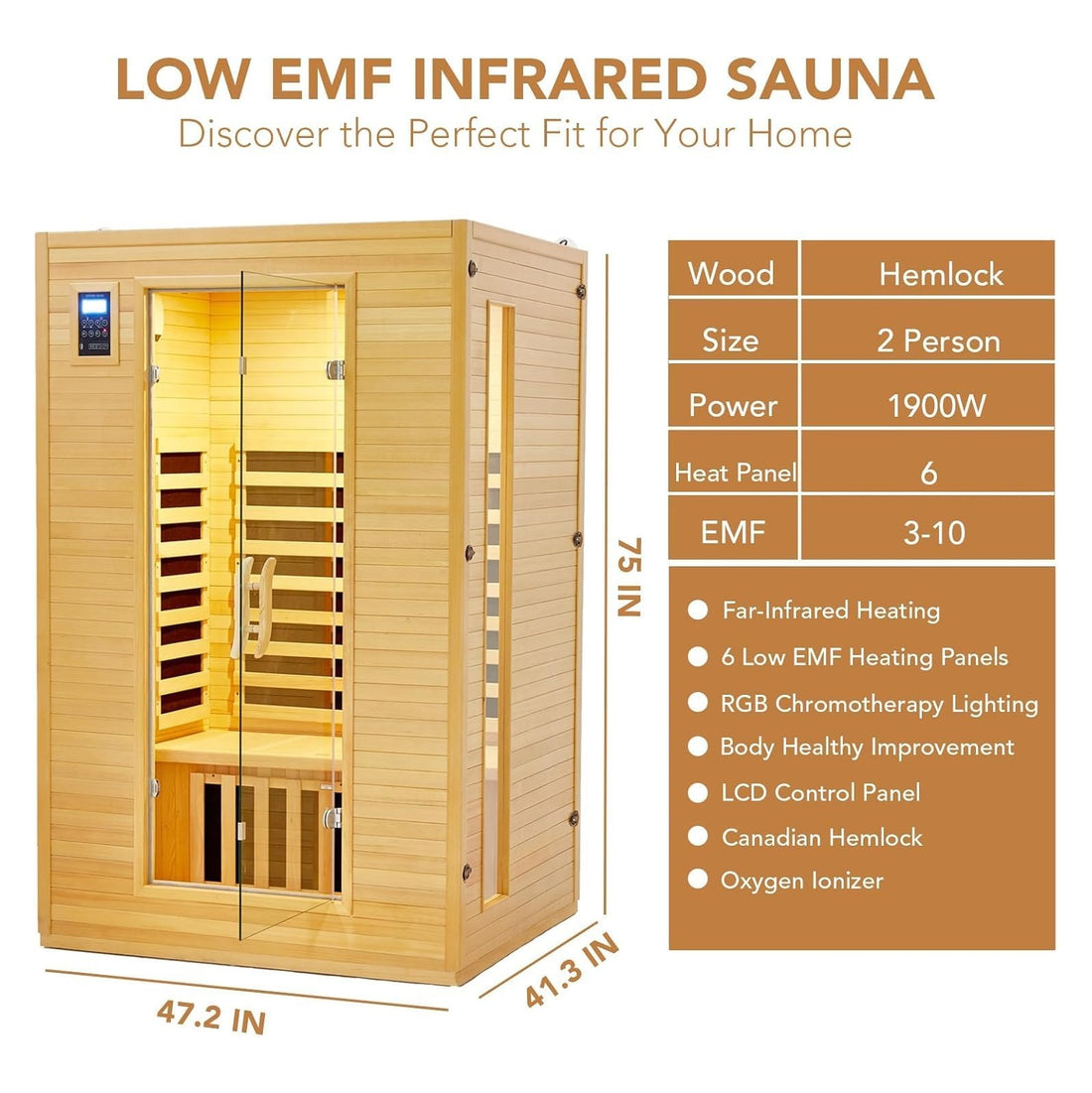 Garvee 2-Person Infrared Sauna, Indoor Sauna for Home 6 Heating Plate Physical Therapy Wooden Dry Steam Sauna, Low EMF, MP3 Auxiliary Connection, Dual Controls Inside and Outside Fits