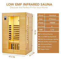 Garvee 2-Person Infrared Sauna, Indoor Sauna for Home 6 Heating Plate Physical Therapy Wooden Dry Steam Sauna, Low EMF, MP3 Auxiliary Connection, Dual Controls Inside and Outside Fits