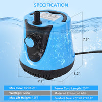 Submersible Water Pump 1250 GPH 120W Pool Cover Pump