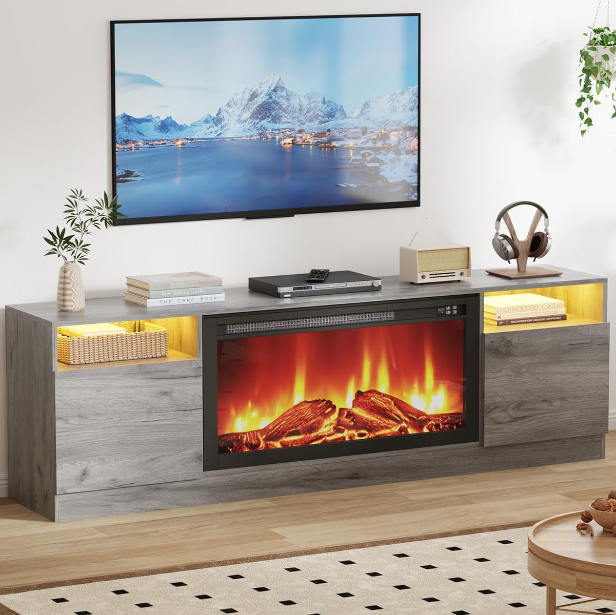 Garvee Modern TV Stand for TV Up to 75" TV, 70" Grey Television Console Table Cabinets with Storage,Wooden Entertainment Center for Living Room, Fits Into 36'' Electric Fireplace(Not Included Fireplace)