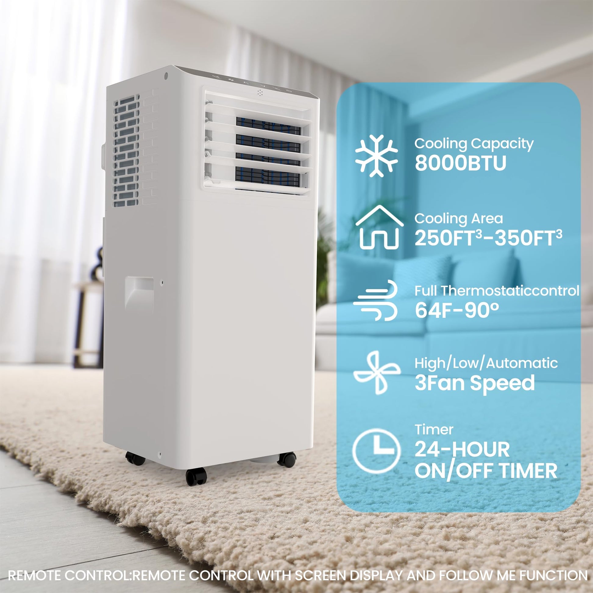 8500 BTU Portable AC, Cools 350 sq.ft, with Remote & Kit