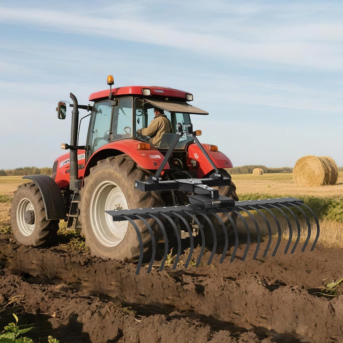 Garvee 50" Landscape Rake 3-Point Hitch CAT-0 CAT-1 Tractor 360° Rotation Replaceable Spring Steel Tines Quick Mount Carbon Steel Frame for Brush Clearing