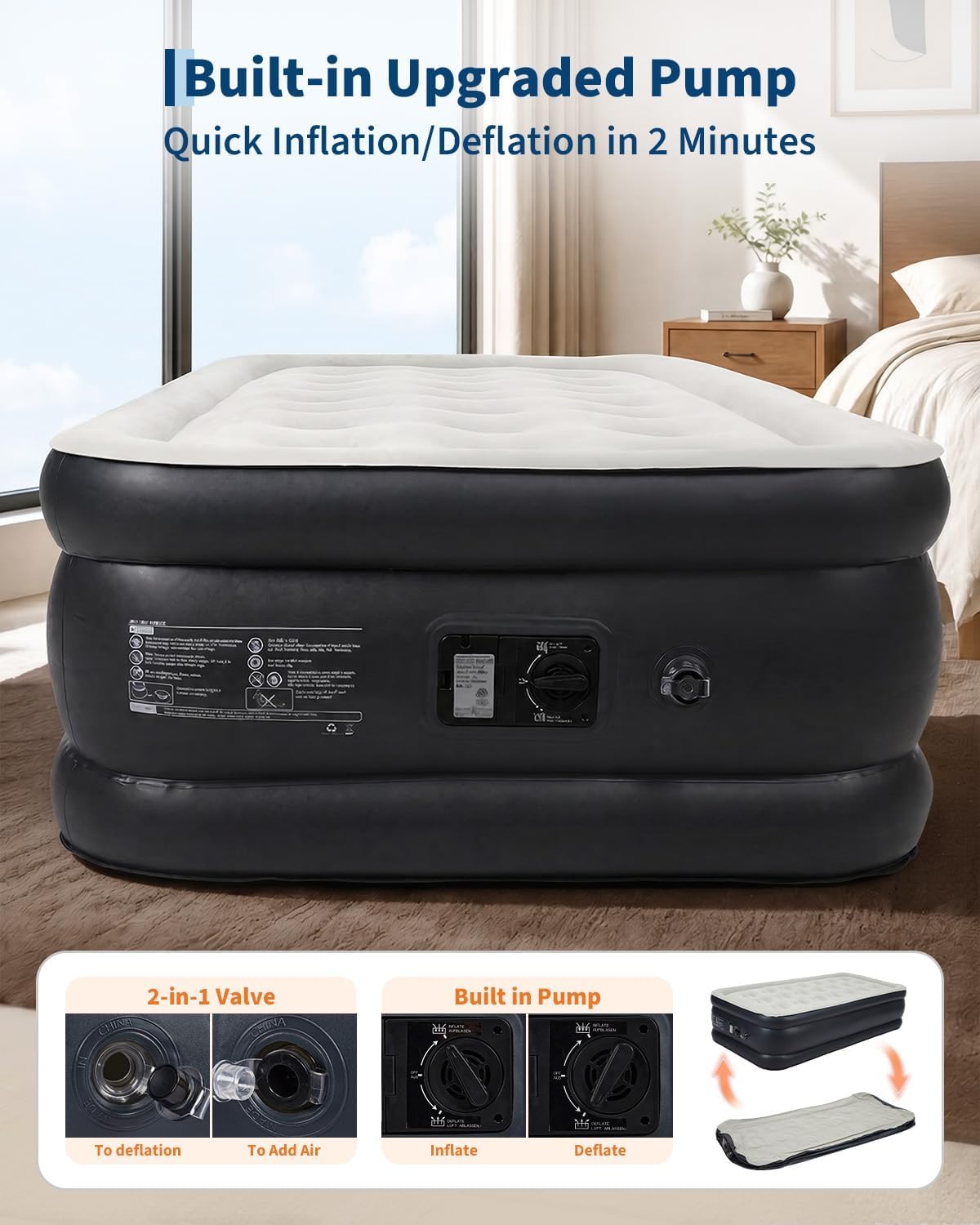 Garvee 20" Raised Air Mattress with Built-in Electric Pump, Self-Inflating in 3–4 Minutes, Leak-Resistant PVC with Soft Flocked Top, Portable Inflatable Guest Bed for Travel, 300–400 lb, Twin, PVC Navy Blue + Gray