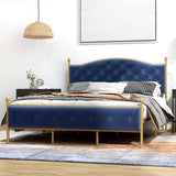 Garvee King Size Velvet Upholstered Bed Frame + Noise Free Design + No Box Spring Needed + Wooden Slats + Gold and Navy Blue + Storage Space + Easy Assembly - Blue