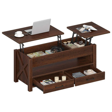 Garvee Coffee Table, 47.2" Lift Top Coffee Table with 2 Storage Drawers and Hidden Compartment, X Wood Farmhouse Support, Retro Center Table with Lift Tabletop for Living Room, Walnut Color