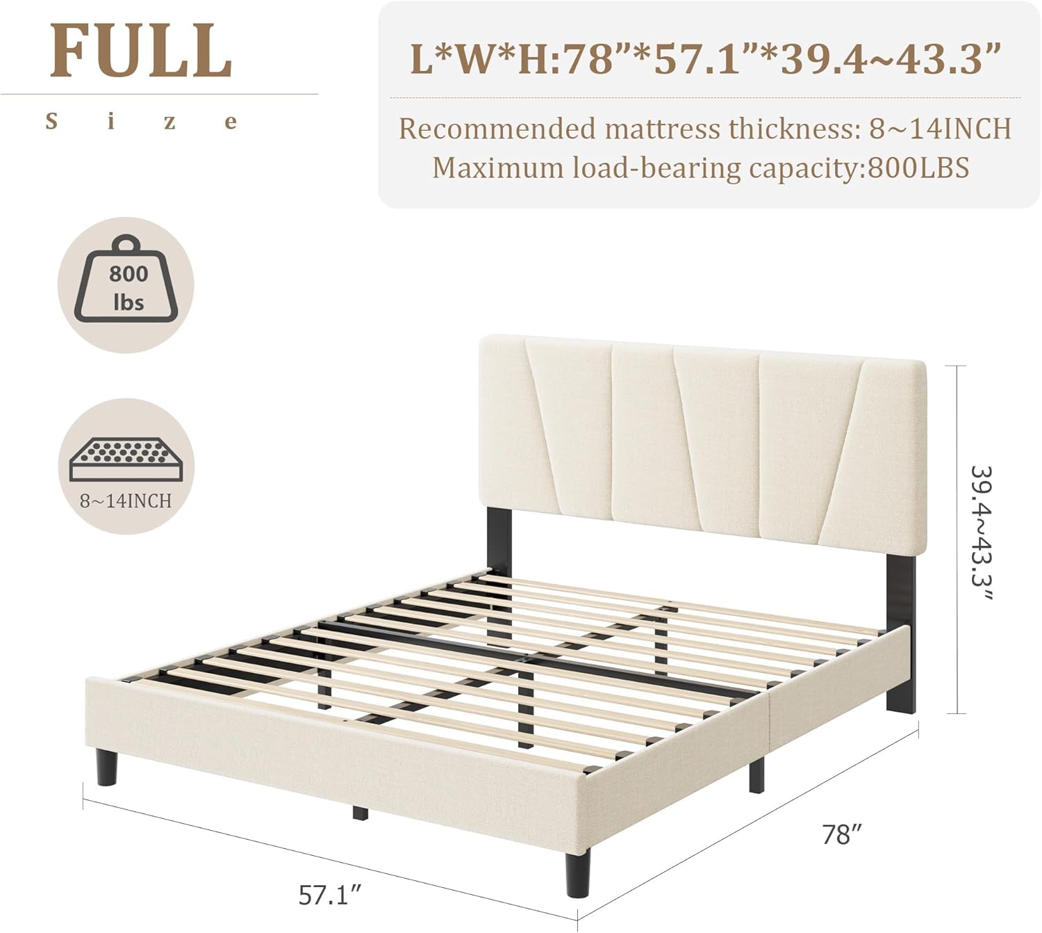 Garvee Full Size Bed Frame With Headboard Adjustable, Velvet Upholstered Full Platform Bed With Headboard, Mattress Foundation With Wooden Slats, No Box Spring Needed, Easy Assembly, Beige/Cream