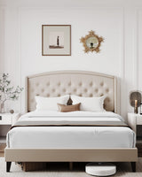 Garvee King Size Upholstered Platform Bed Frame + Wingback Headboard + Heavy Duty + Button Tufted + Velvet Fabric + Wood Slat Support + Easy Assembly + No Box Spring Needed + Off White - Beige