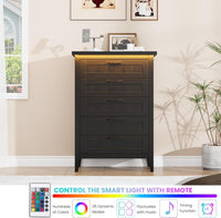 Garvee 5 Drawer Dresser for Bedroom with Charging Station and LED Lights, Farmhouse 44.9" Tall Chest of Dresser with Large Storage for Living Room, Hallway & Entryway, Black