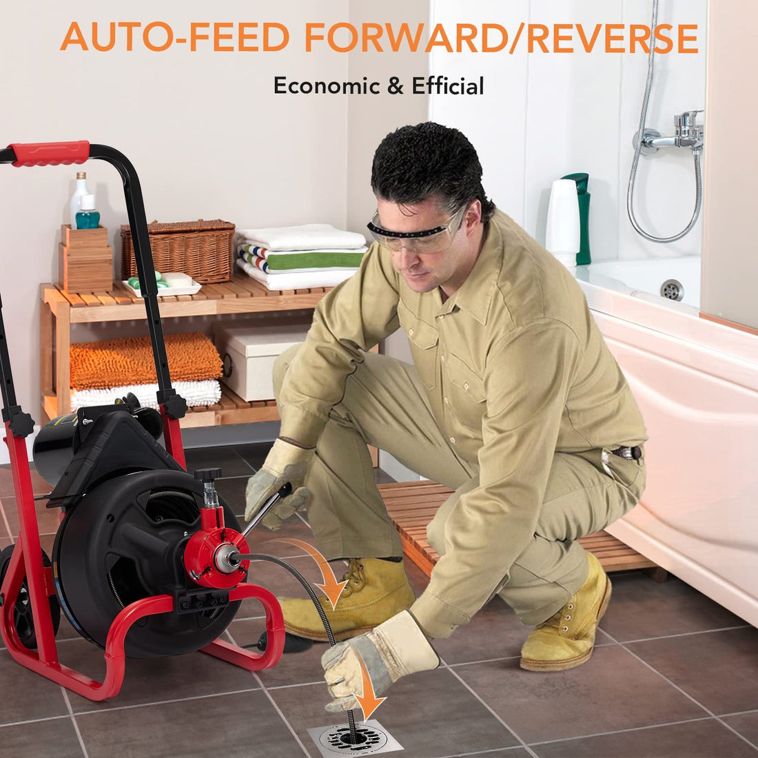 Garvee 100Ft x 3/8 Inch Drain Cleaner Machine, Auto-feed Electric Drain Auger Professional 6.8A, Air-Activated Foot Switch, with 6 Cutters, Glove, Drain Auger Cleaner Sewer Snake