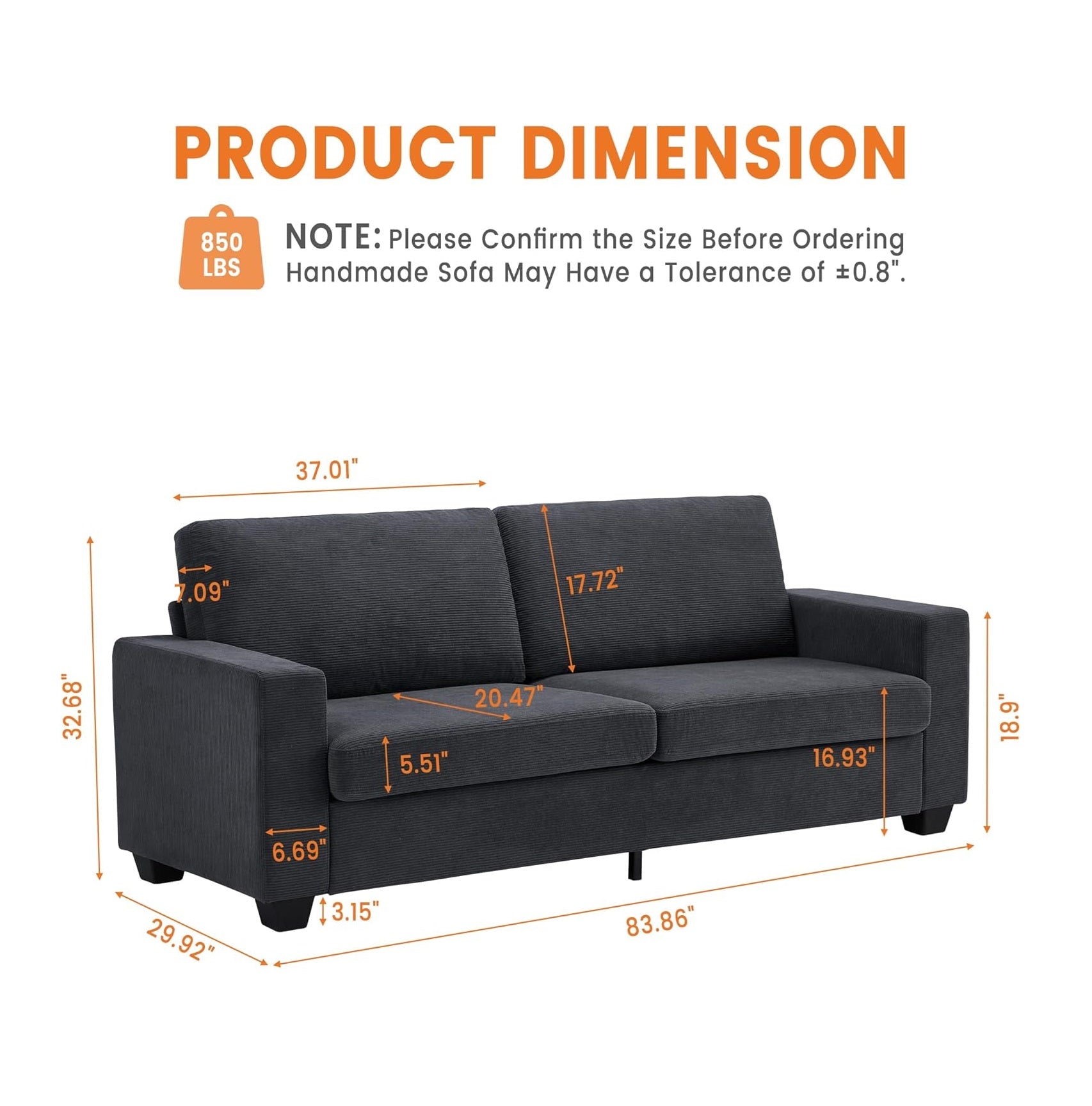 Garvee 84" Modern Loveseat Sofa for Living Room, Corduroy Upholstered Sofa with Wide Armrests, 2-3 Plush Deep Seat Sofa Couch  for Living Room, Apartment, Dark Gray