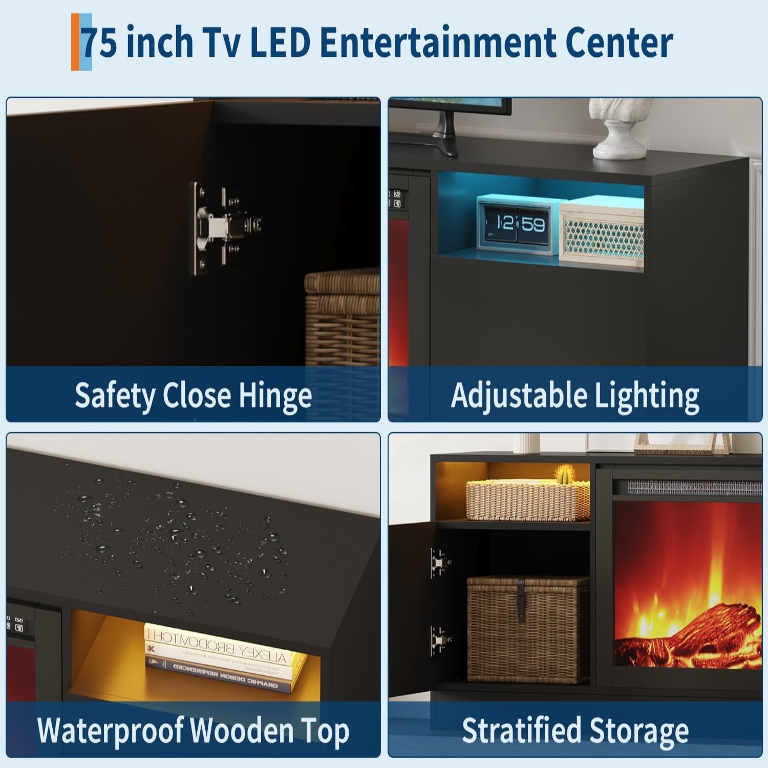 Garvee Modern Entertainment Center with Storage Cabinet Up to 75"TV, Modern TV Stand for Living Room, Black (Not Include Fireplace)