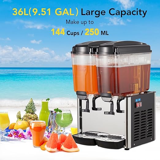 GARVEE 36L (9.6 Gallon) Commercial Juice Dispenser, 2 Tanks, Stainless Steel Beverage Dispenser for Home, Hospitality