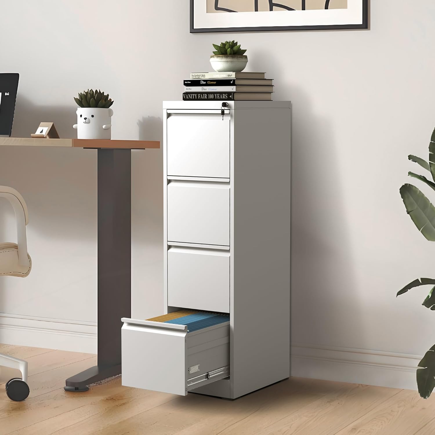 Garvee 4-Drawer File Cabinet with Lock, Heavy Duty Vertical Filing Cabinets for Home Office, Secure Locking Metal Steel Storage Cabinet for Letter/Legal Size File, Assembly Required, White