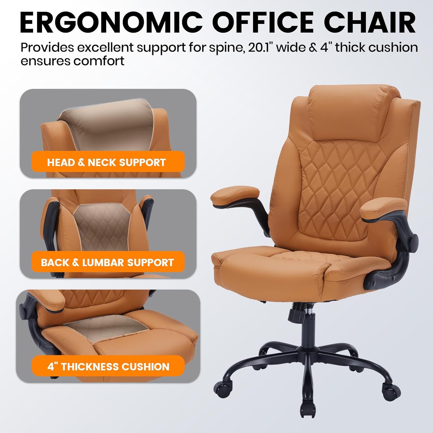 Garvee PU Leather Executive Office Desk Chair, 350lbs Capacity Computer Desk Chair with Padded Flip-Up Arms, Tilt Lock & 360° Swivel Free Wheels, Ergonomic Office Chair for Heavy People, Brown