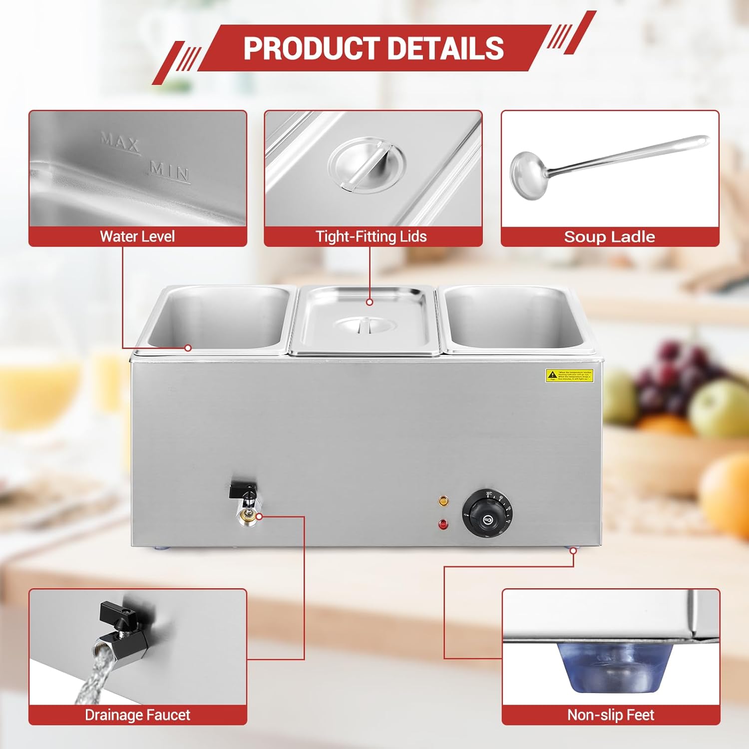 Garvee 21QT Electric Food Warmer with Triple Compartments & Adjustable Temp Control, Stainless Steel, Drainage Faucet, Removable Pans, Ideal for Catering Buffets