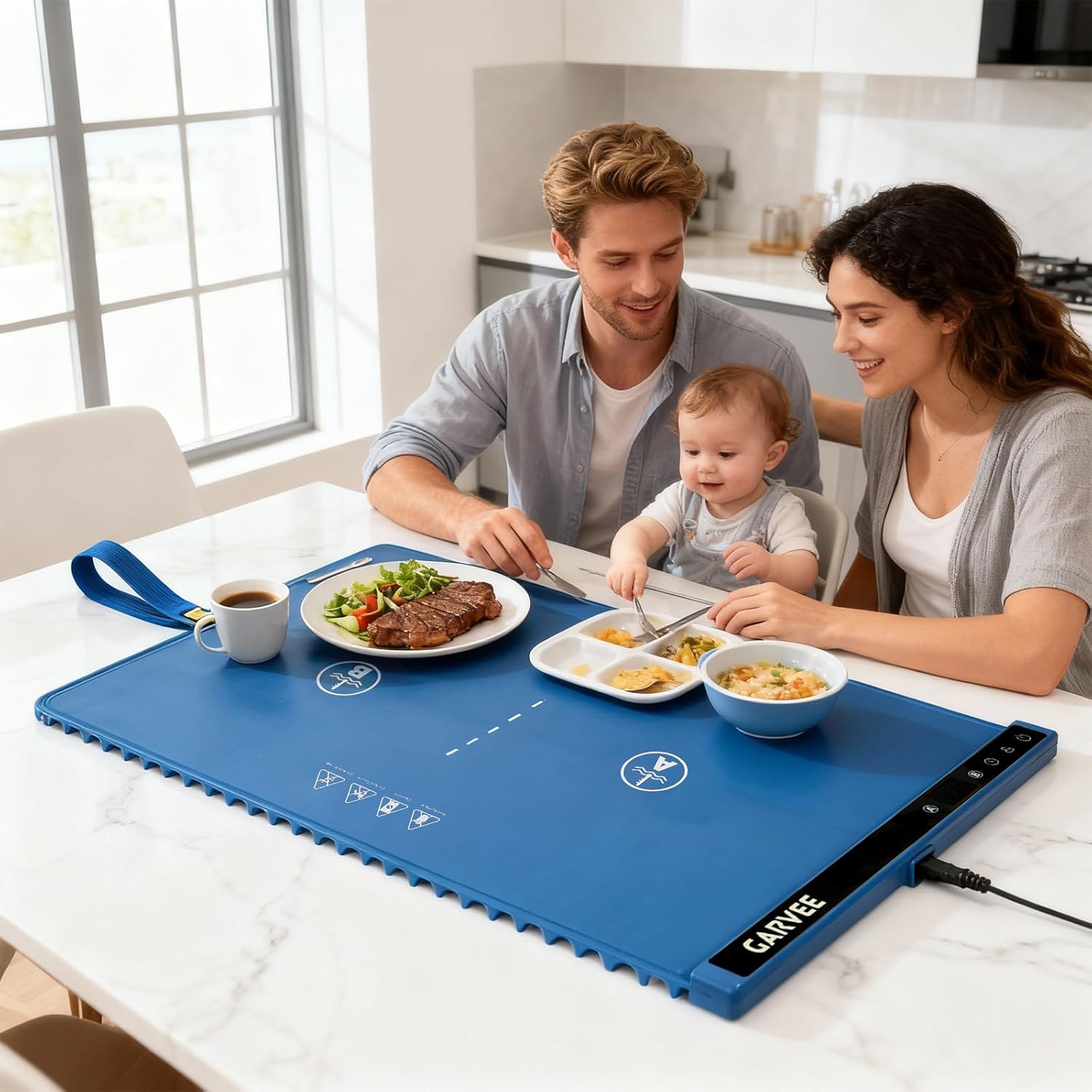 GARVEE 2-Zone Heating Food Mat - 24"X15" Warming Mat for Food Rollable Full-Surface Warmer with 6 Temp Settings & 3H Timer, Anti-Slip Heat-Insulated Pad for Meals (Blue)