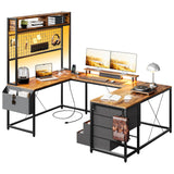 Garvee U Shaped Desk with Monitor Stand and LED Lights, U Shaped Gaming Desk with Storage Shelves, Large Computer Desk with Power Outlets, Large Corner Office Desk with 4 Drawers,Rustic Brown - Rustic Brown