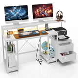 Garvee Computer Desk with LED Light & Power Outlets, Monitor Stand, Printer Space, Drawers, Storage Shelves, Study Work Desk, White - White - White