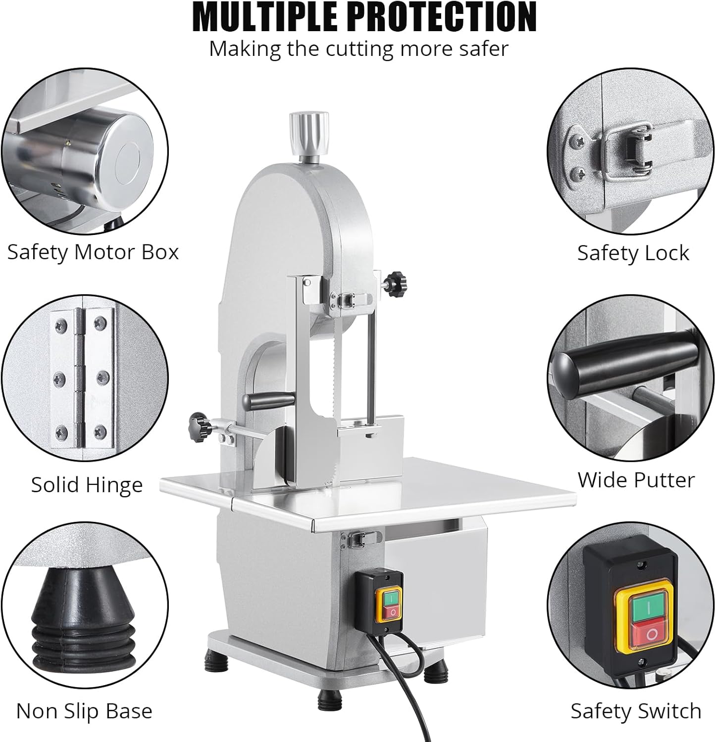 Garvee Meat Cutter Machine, 110V 1500W Electric Bone Saw, 19.3" x 15" Workbeach, 0.16-7.9 Inch Cutting Thickness, Sawing Speed 19m/s, 2.01HP Butcher Bandsaw With 5 Saw Blades for Fish Beef