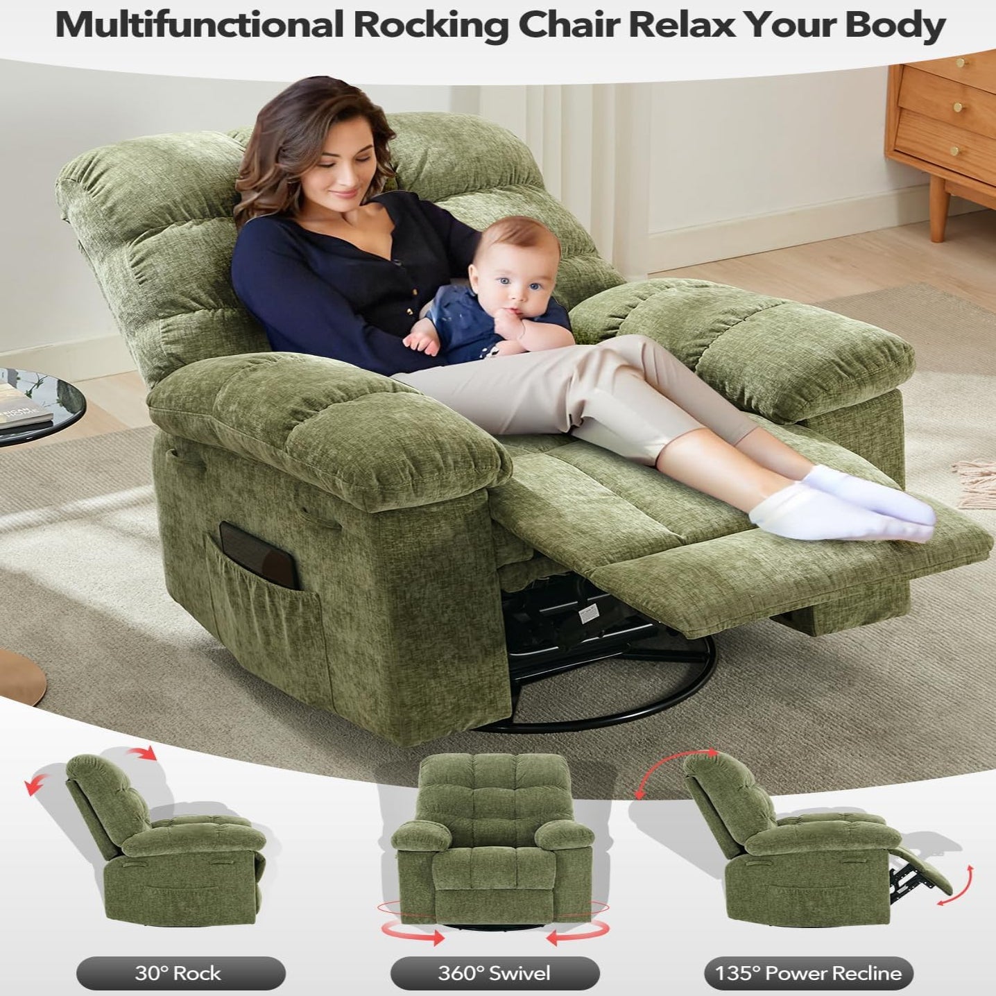 Garvee Rocking Recliner Chair, 360° Swivel Rocker Chair for Living Room, Upholstered Fabric Nursery Chair with Side Pockets for Small Spaces, q235 Steel Frame Lazy Boy Recliner Single Sofa, Green