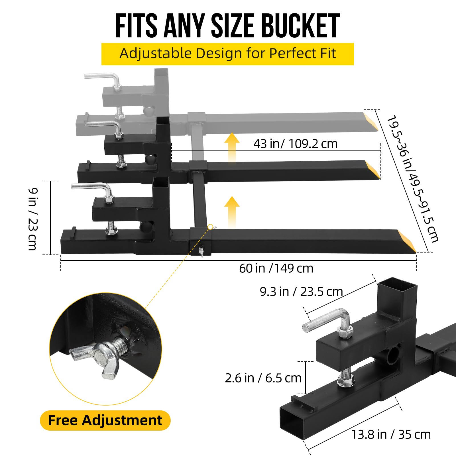 thumbnail image 2 of Garvee 43-Inch Clamp-On Pallet Forks - 2000 Lbs Capacity With Adjustable Stabilizer For Skid Steer Tractor And Loader Buckets 2 of 14