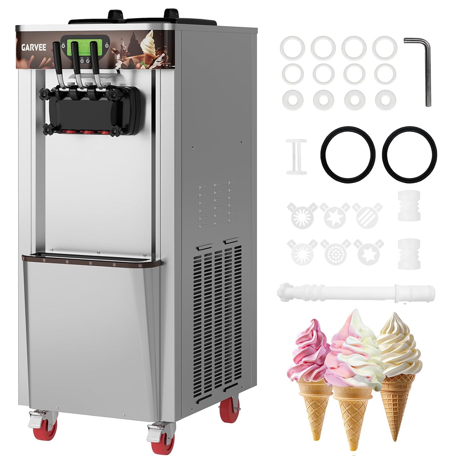 Garvee 2+1 Flavors 2600W Commercial Soft Serve Ice Cream Machine, 11.0-12.2 Gal/H Soft Serve Ice Cream Maker with LED display, Self-Cleaning, High Productivity Equipment for Restaurant & Snack Bar