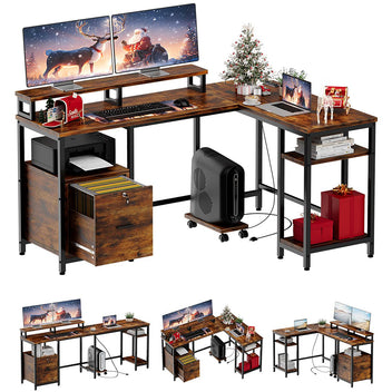 Garvee L Shaped Computer Desk, 67" Reversible Gaming Desk with Power Outlet, File Drawer, 2 Monitor Stands & Adjustable Storage Shelf, Home Office Desks, 3 Installation Types, Rustic Brown