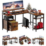 Garvee L Shaped Computer Desk, 67" Reversible Gaming Desk with Power Outlet, File Drawer, 2 Monitor Stands & Adjustable Storage Shelf, Home Office Desks, 3 Installation Types, Rustic Brown - Rustic Brown