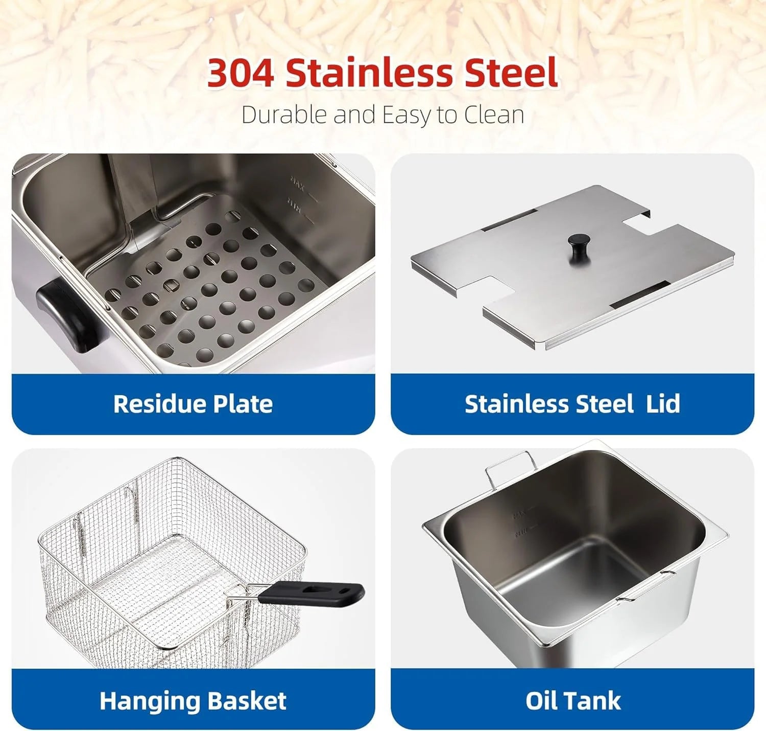 Garvee 11L/10QT 1500 Watts Electric Deep Fryer - Stainless Steel Adjustable Temperature Control for Wings, Shrimp, Nuggets (110V) with Basket