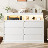Garvee 6-Drawer Dresser with Top Organizer Cubbies for Bedroom, Modern Dresser with LED Lights & Charging Station, Wide Chest of 6 Drawers for Living Room, Hallway, Closet, White - White