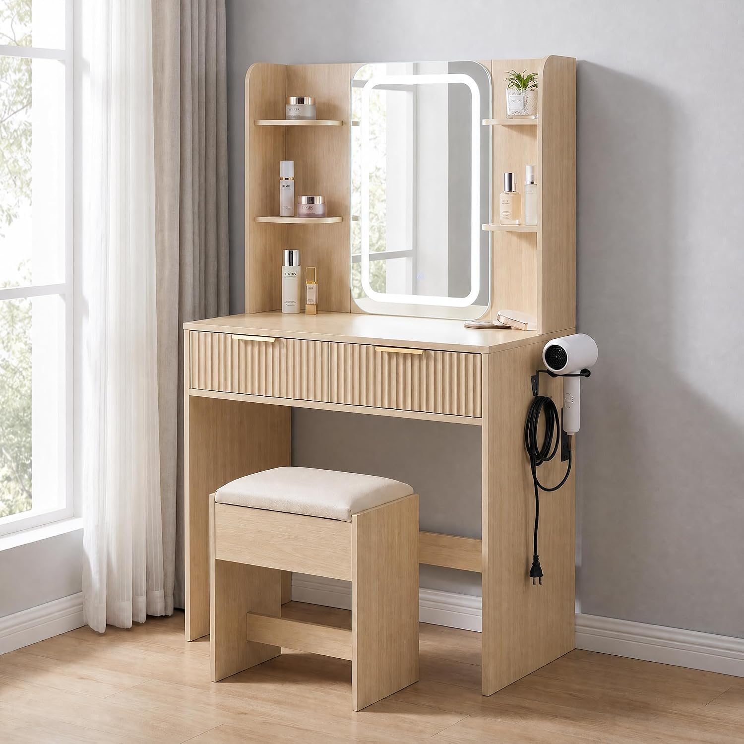 Garvee Makeup Vanity Desk with Power Outlet, 2 Fluted Drawers, 1 Stool, Vanity Table Set with Cushioned-Stool, 3-Color LED Mirror, 2 AC Outlets & USB, Hair Dryer Rack, Natural Wood Color