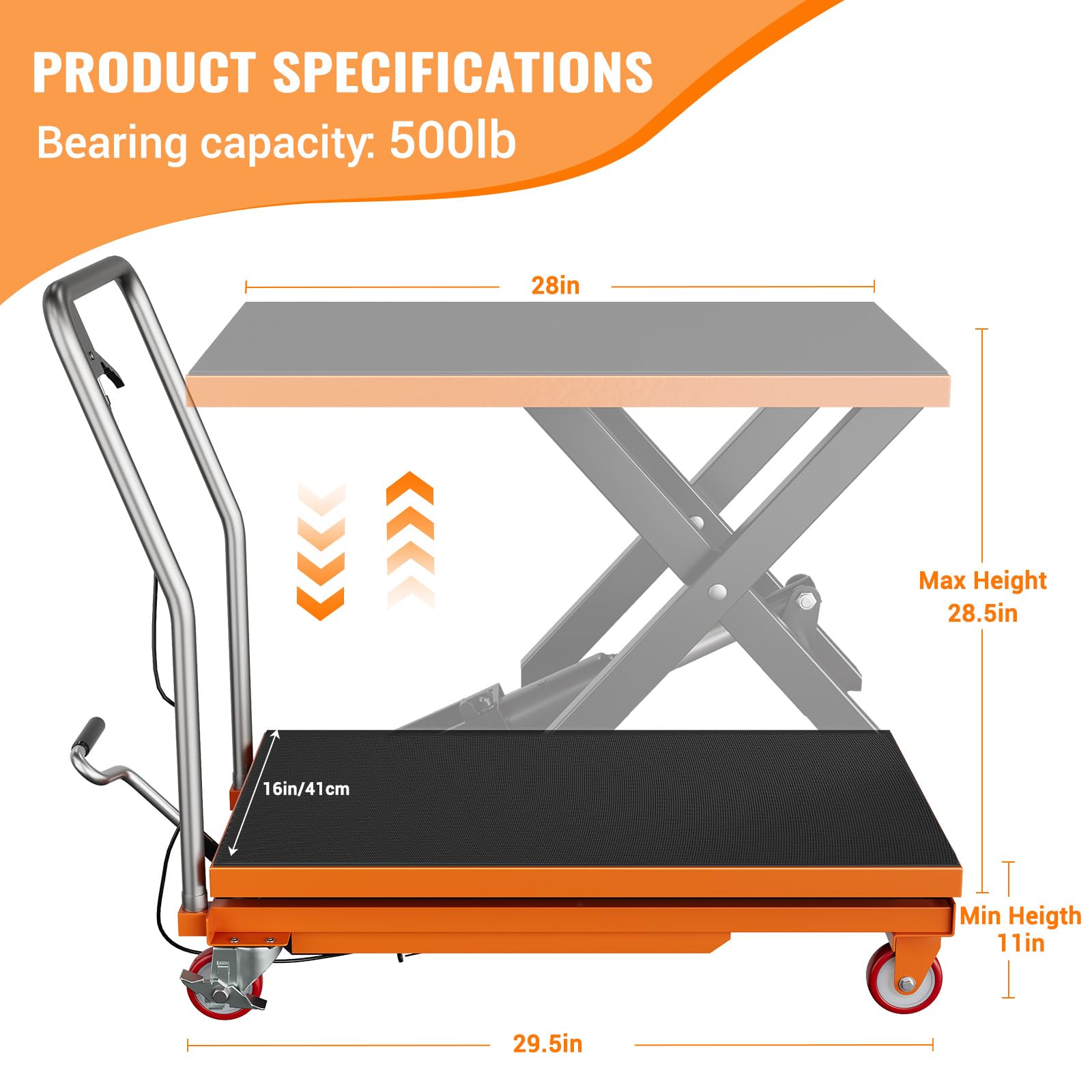 Especificaciones del producto de la mesa elevadora GARVEE con capacidad de 226 kg y altura de elevación de 72,4 cm