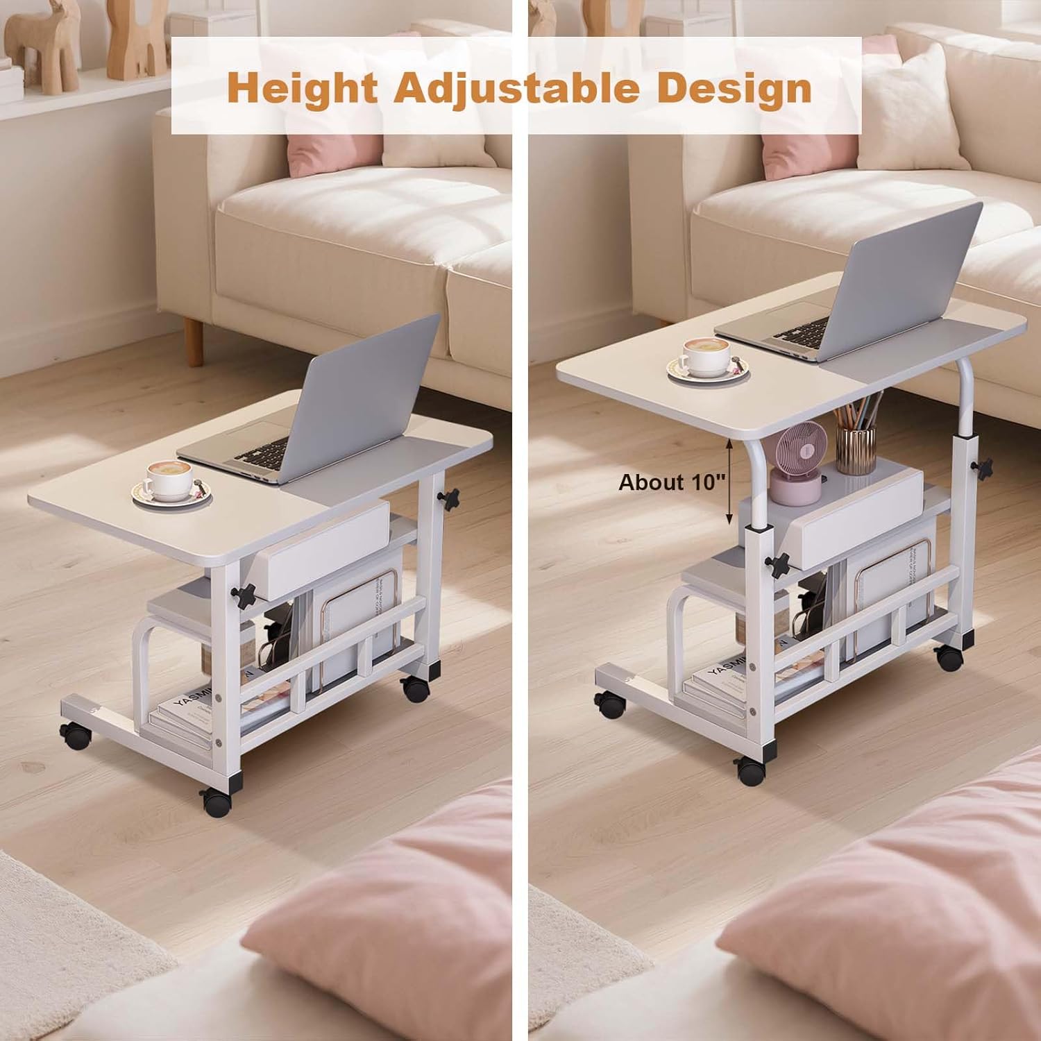 Garvee Adjustable Height Mobile Standing Desk, Portable Bedside Desk with Storage Shelves, Compact Laptop Desk for Home Office, Study, Small Spaces, Bedroom, White, 23.6"x15.7"