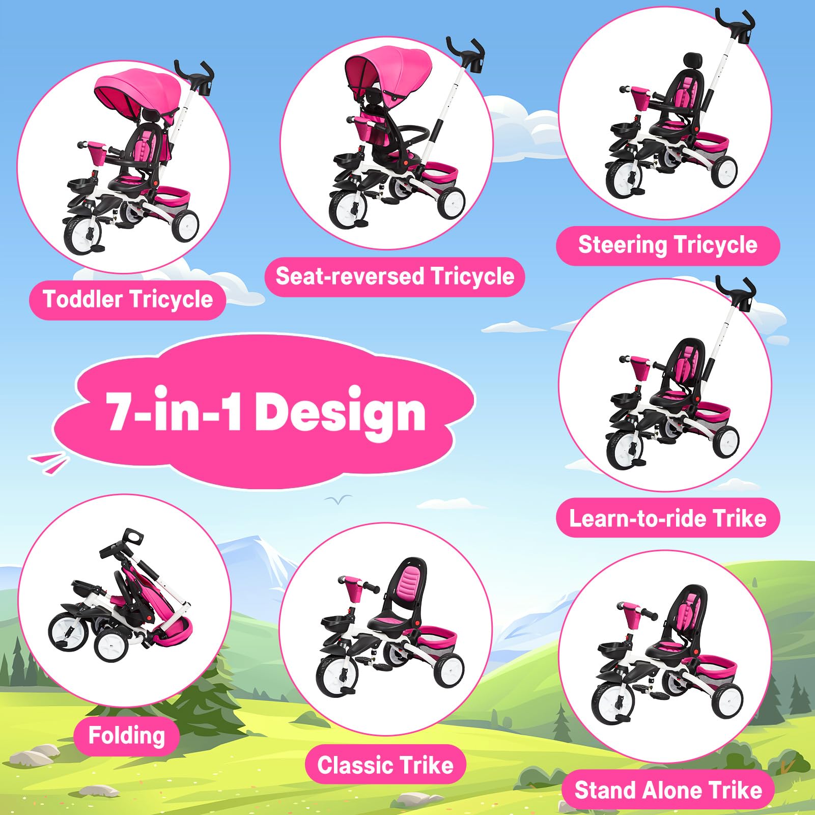 Baby Tricycle, 7 in 1 Folding Toddler Bike w/Removable Adjustable Push Handle, Canopy, Rotatable Seat, Safety Harness, Cup Holder & Storage, Trike for 1-5 Year Old, Tricycle for Toddlers