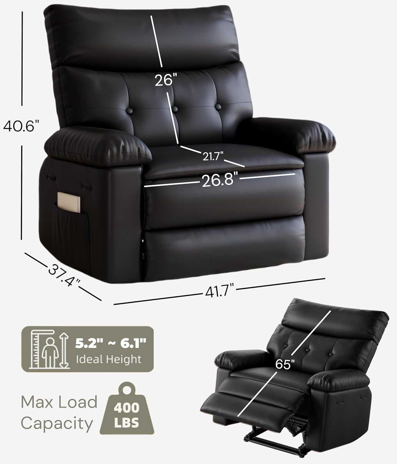 Garvee Oversized PU Leather Swivel Rocker Recliner Dining Chair - 360° Manual Reclining, Thick Cushion, Comfortable Arm & Backrest, Lounge Sofa for Living Room, Bedroom, Home Theater - Black